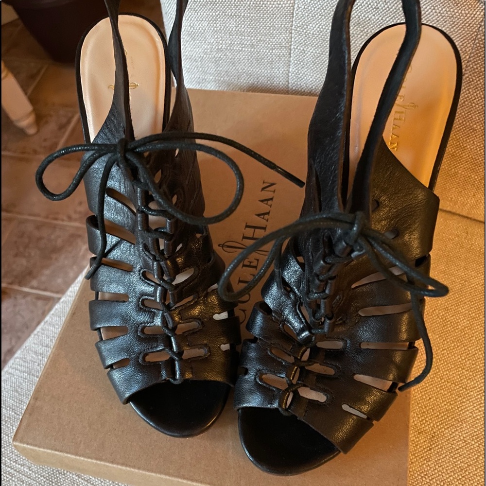COLE HAAN black leather wedge sandals